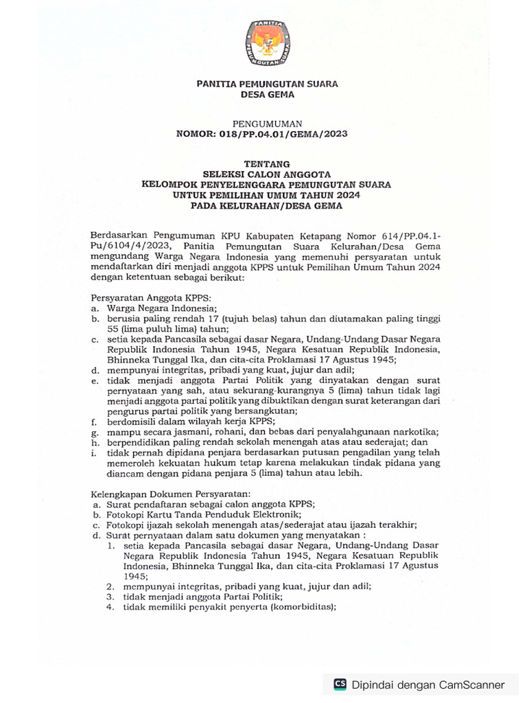 Pengumuman Rekrutmen KPPS Gema | PDF
