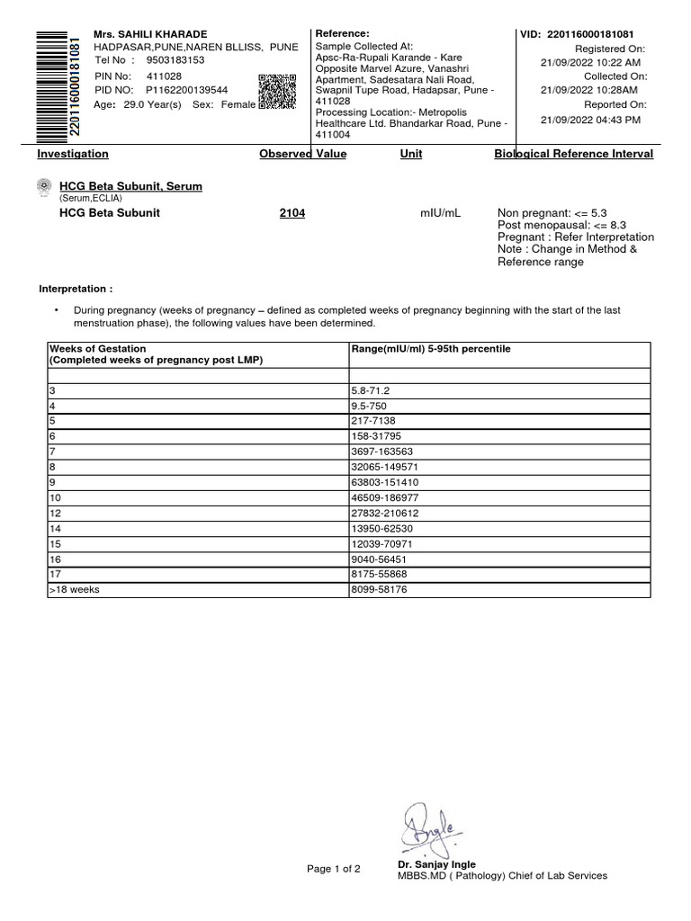 HCG Beta Subunit Test Results | PDF | Miscarriage | Human Chorionic ...