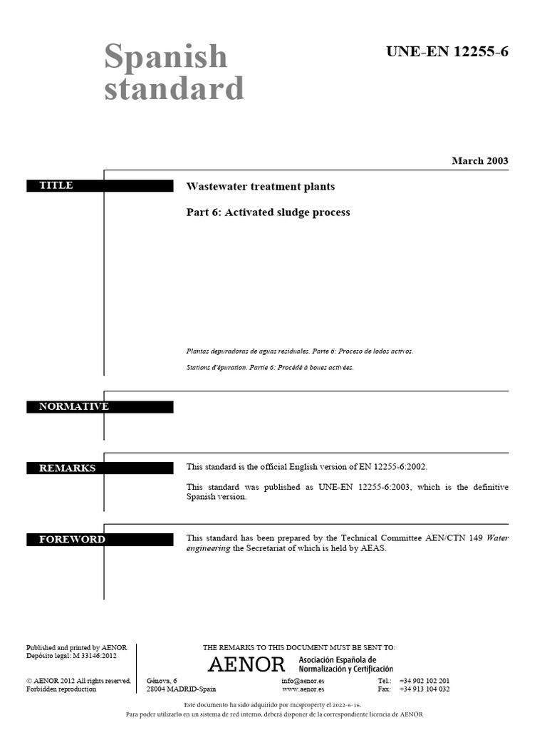 EN 12255-6: Activated Sludge Process | PDF | Environmental Engineering ...