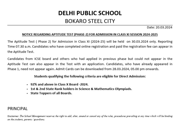 Class XI Aptitude Test Notice | PDF