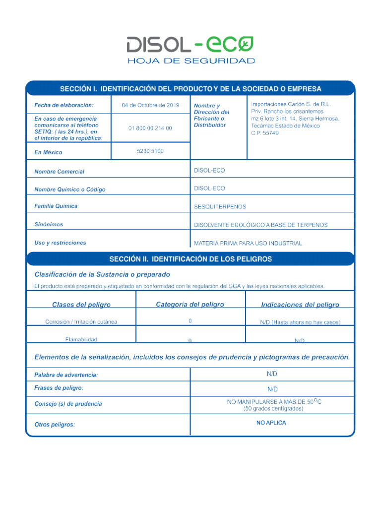 Hoja de Seguridad Disol-Eco | PDF