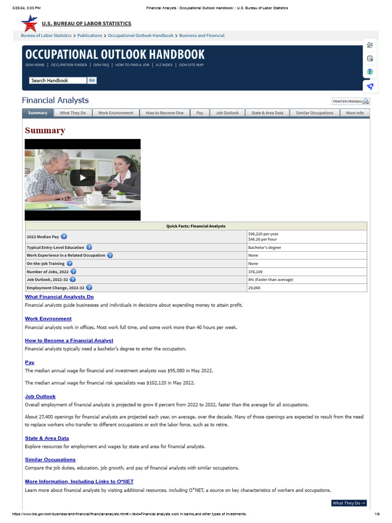 Financial Analysts Occupational Outlook Handbook U.S. Bureau of