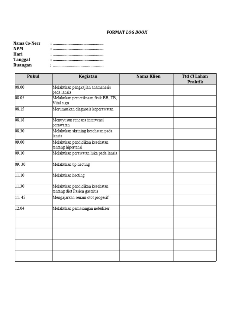 Format Log Book Kegiatan Keperawatan | PDF