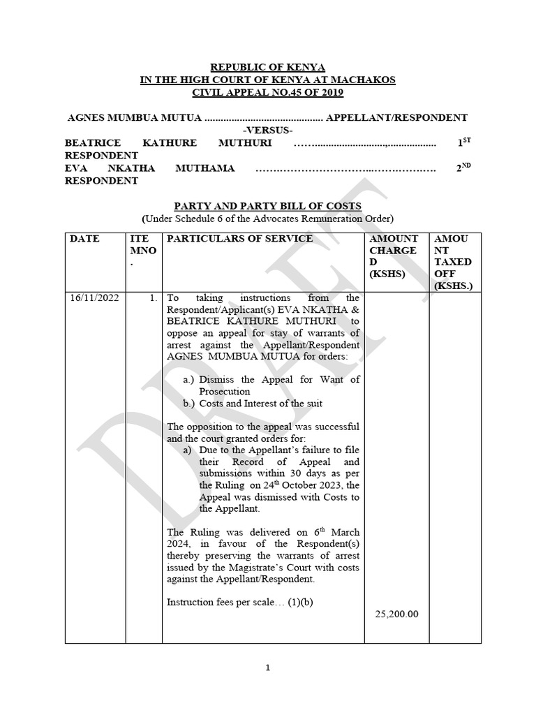 Draft bill of costs agnes mumbua v beatrice kathure and eva nkatha