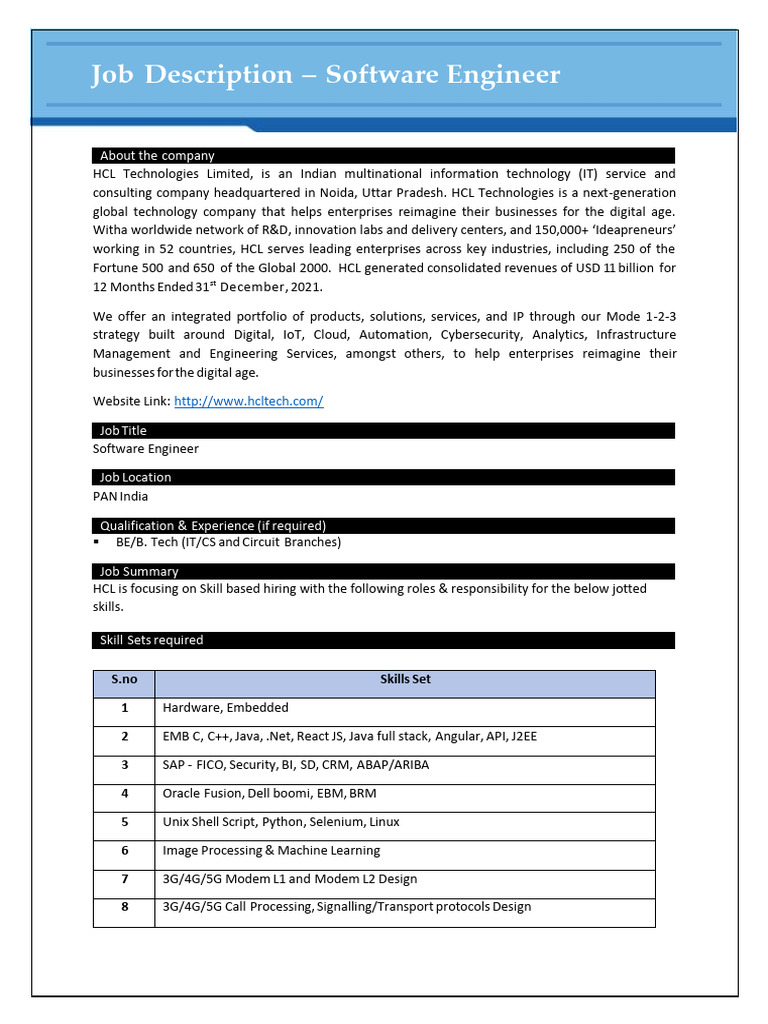 HCL Technologies Software Engineer Role | PDF | Cloud Computing ...