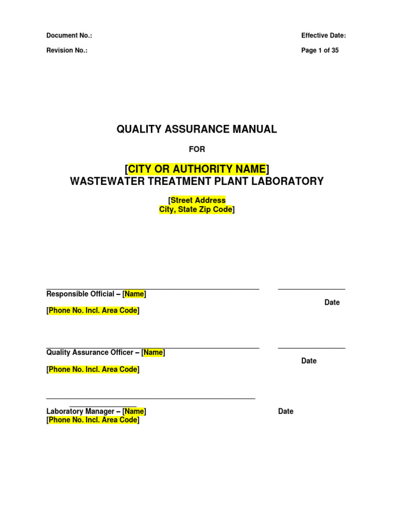Quality Assurance Manual for WWTP Lab | PDF | Laboratories | Quality ...