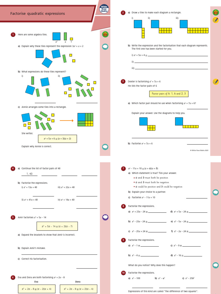 Factorise Quadratic Expressions - Worksheet | PDF | Factorization ...