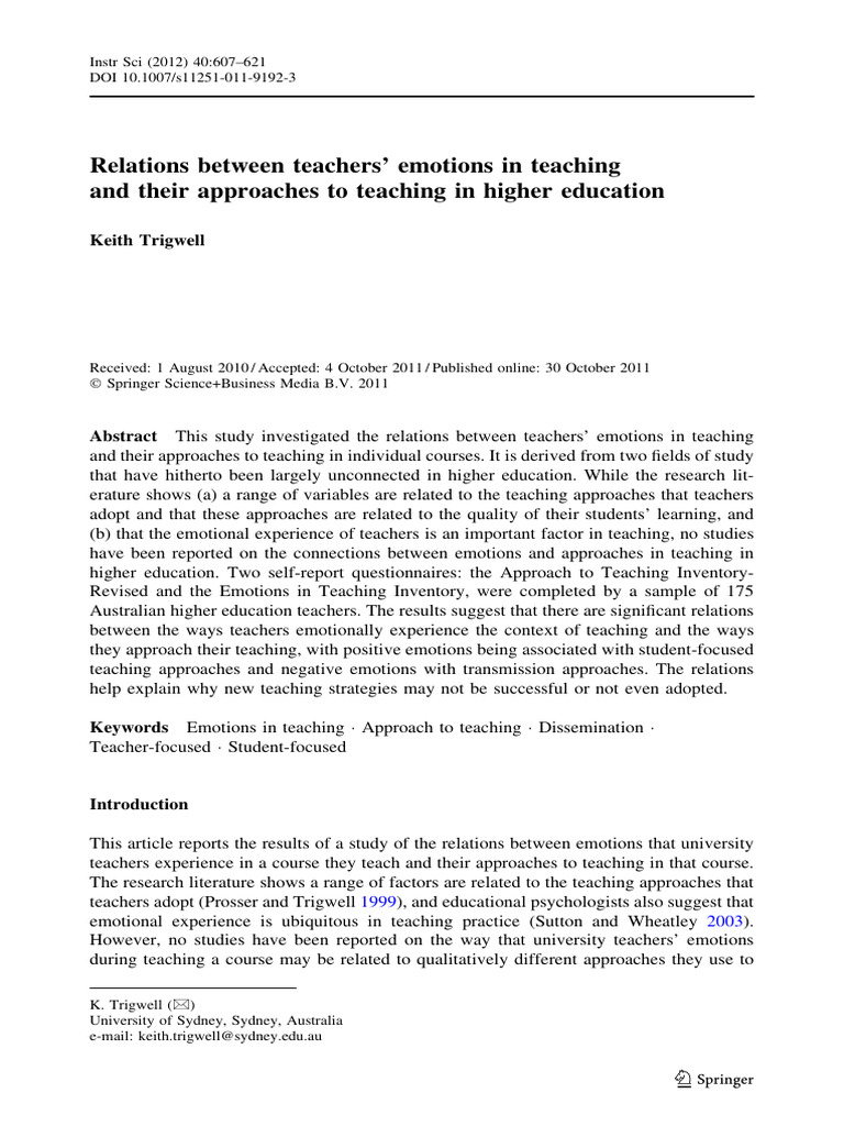 Teachers' Emotions and Teaching Approaches | PDF | Emotions | Teachers