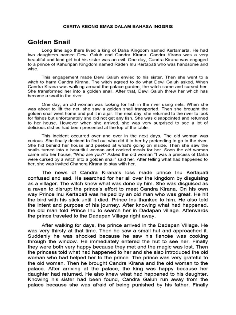 Cerita Keong Emas Dalam Bahasa Inggris PDF Fairy Tales Fairies
