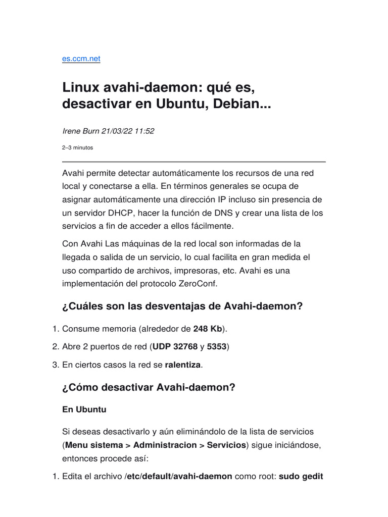 Avahi-Daemon. Qué Es, Desactivar en Ubuntu, Debian | PDF