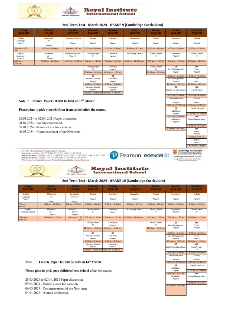 Grade 9 & 10 March 2024 Exam Schedule | PDF