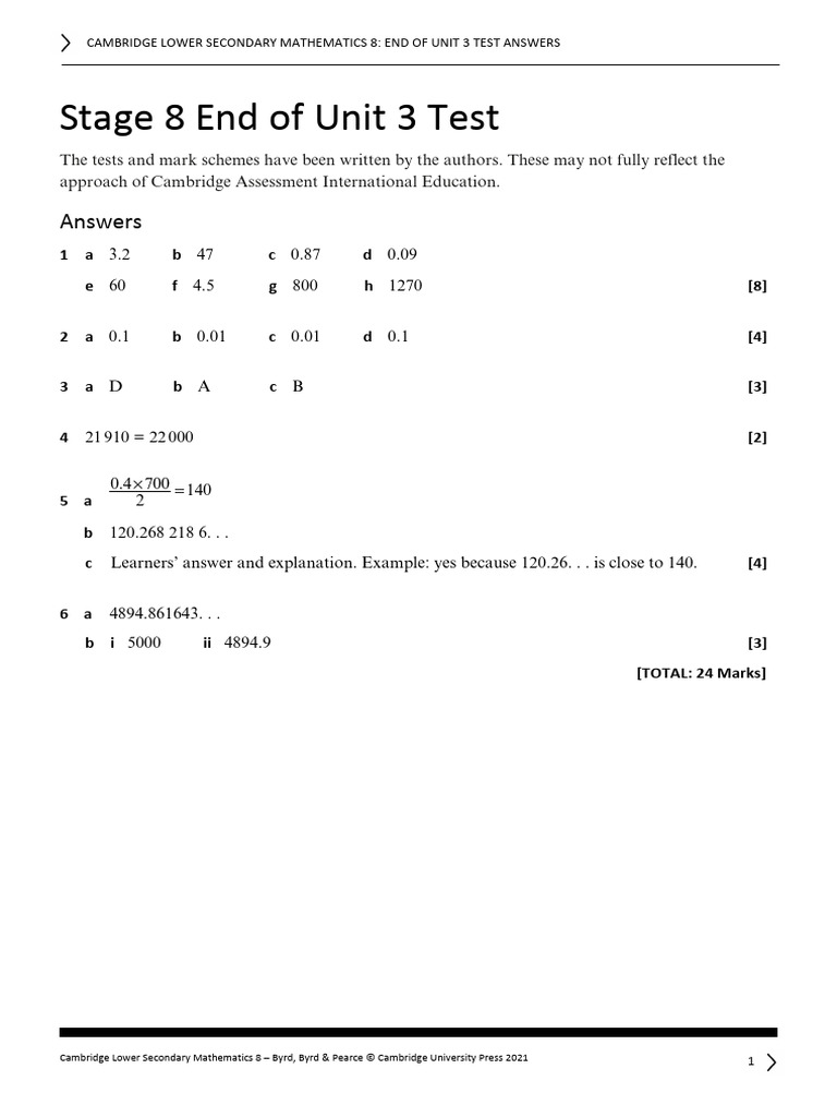 Cambridge Math 8 Unit 3 Test Answers | PDF