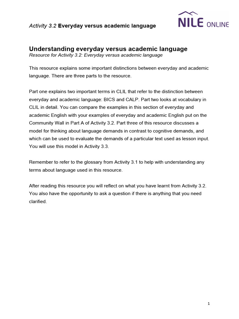 Activity 8 6 Everyday Vs Academic Language Resource Pdf Learning