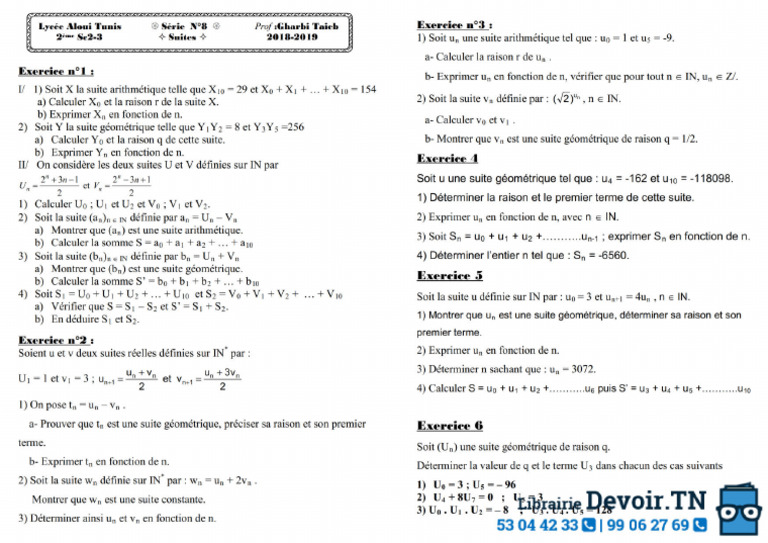 Série D'exercices 8 Suites 2018 2019 (MR Taieb Gharbi) | PDF