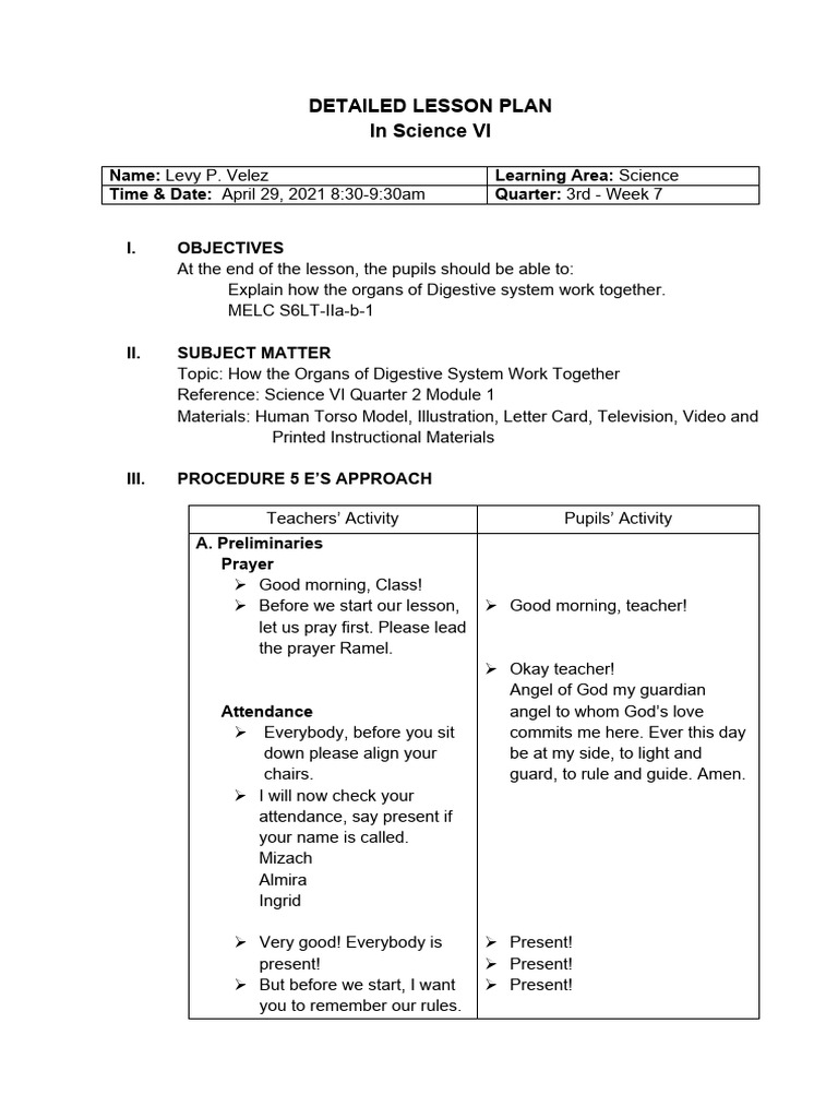 LESSON PLAN SCIENCE 6 BIOLOGY DETAILED | PDF | Human Digestive System ...