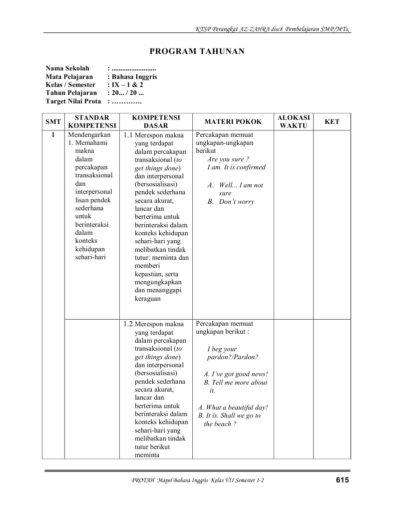 Program Tahunan Bahasa Inggris SMP Kelas IX