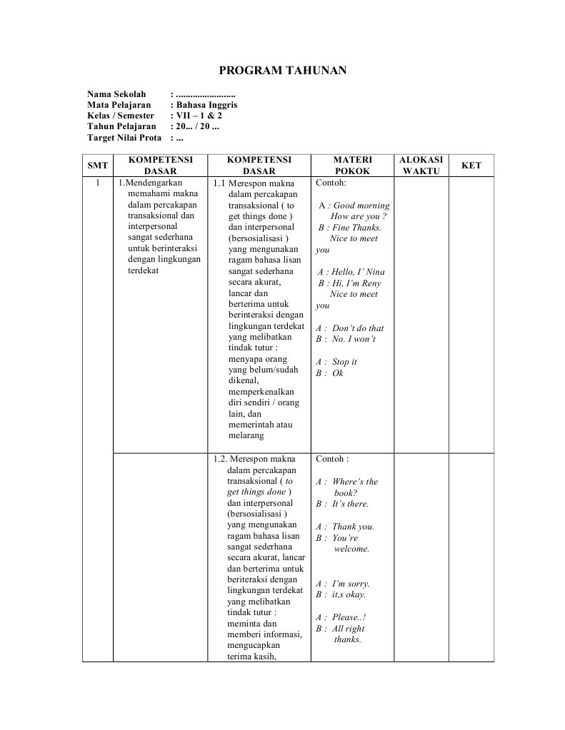Program Tahunan Bahasa Inggris SMP Kelas VII