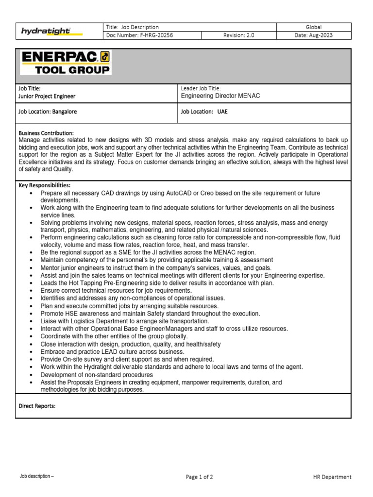 Junior Project Engineer Job Description | PDF | Engineering | Force