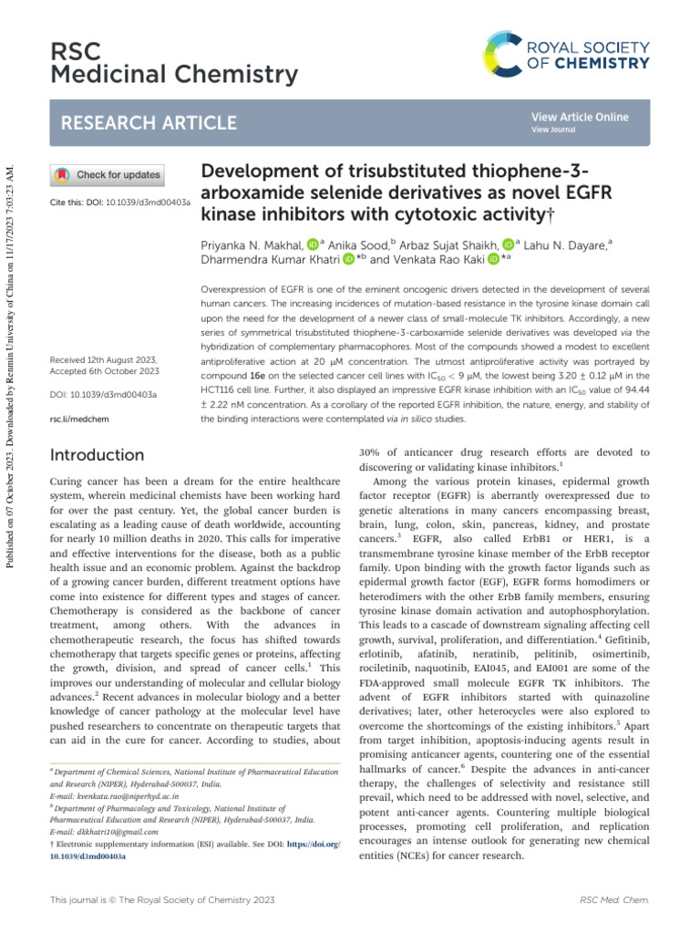 RSC Medicinal Chemistry: Research Article | PDF | Epidermal Growth ...