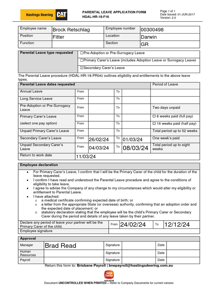 HDAL-HR-18-F16 Parental Leave Application Form V2.0 | PDF | Parental ...