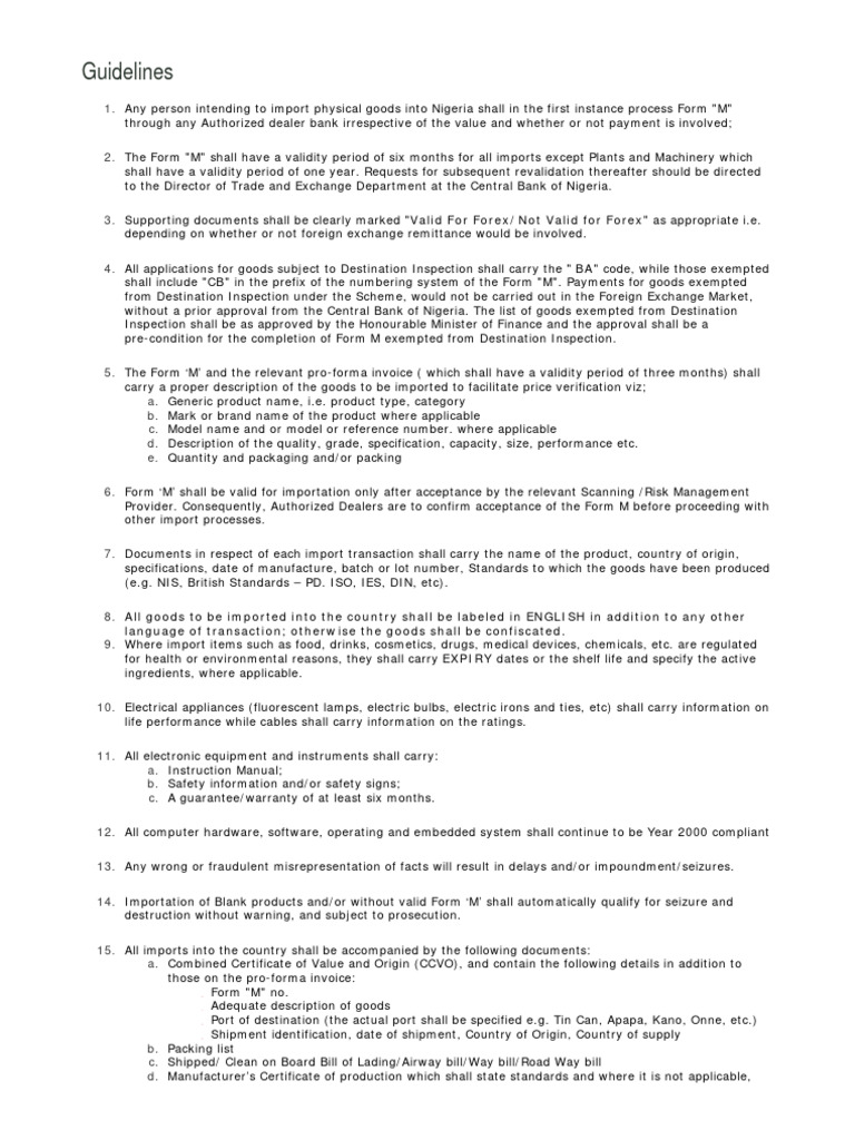 Nigeria Import Guidelines for Form M | PDF | Letter Of Credit | Receipt