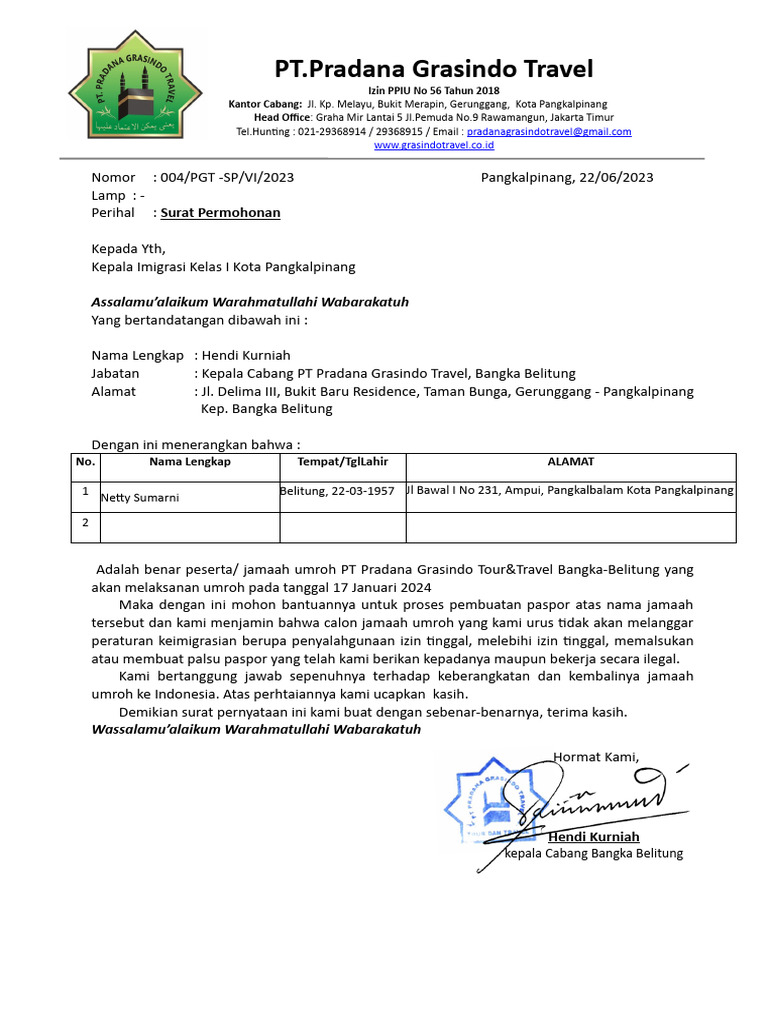 Contoh Surat Rekomendasi Travel | PDF