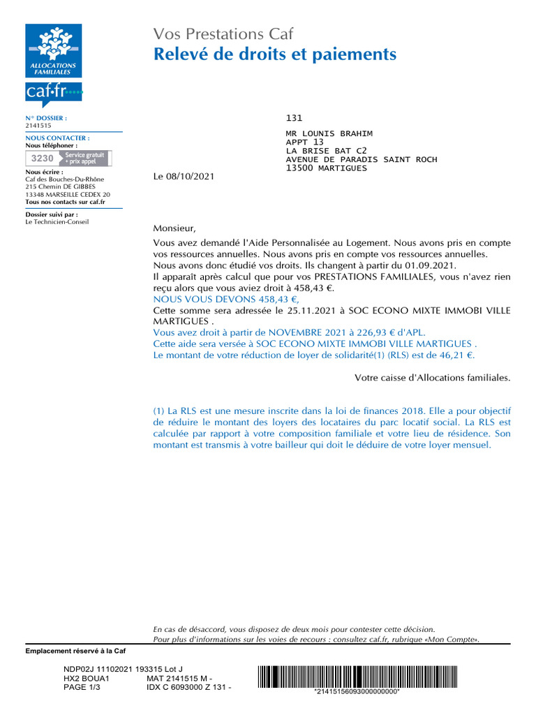Recours suite à notification de dette CAF | PDF
