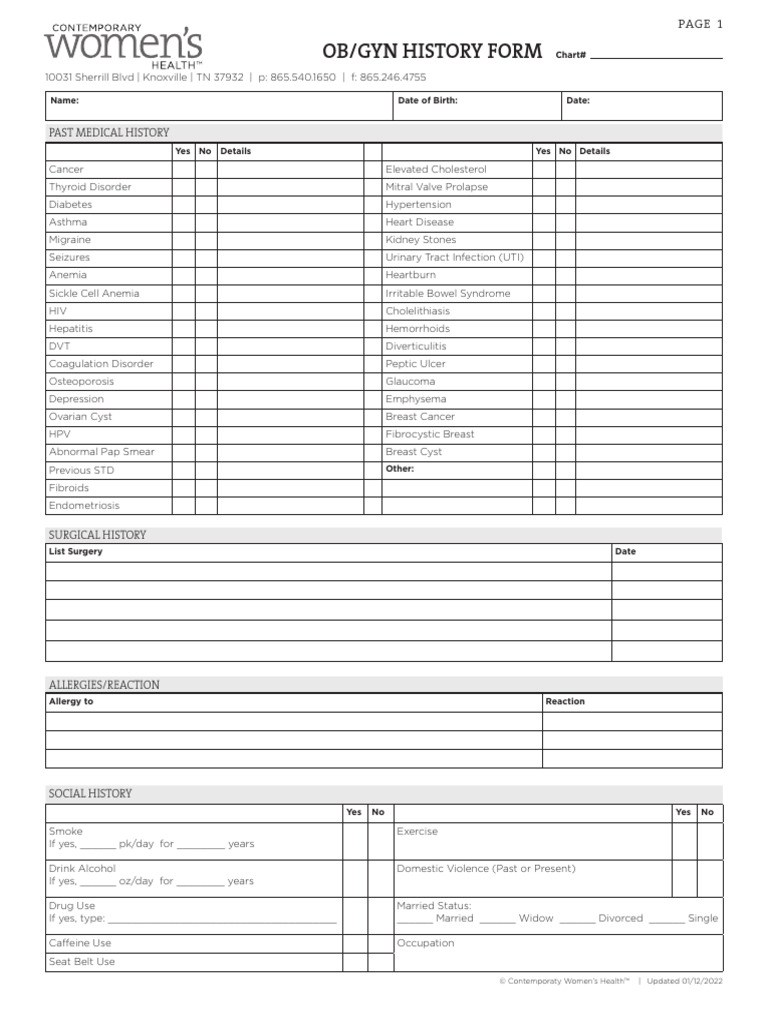 CWH OB-GYN History 011222 | PDF | Cancer | Women's Health