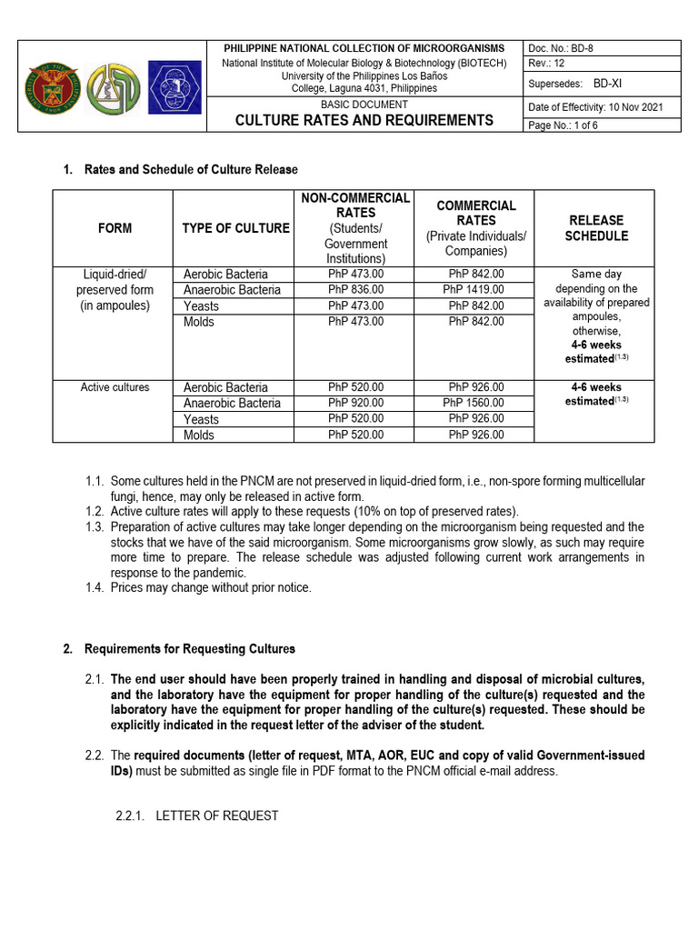 PNCM Culture Request Guidelines | PDF | Biotechnology | Microbiology