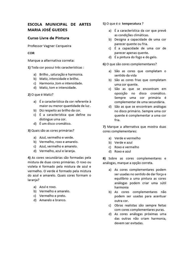 Atividades sobre Cores e Complementares | PDF | Cor | Vermelho