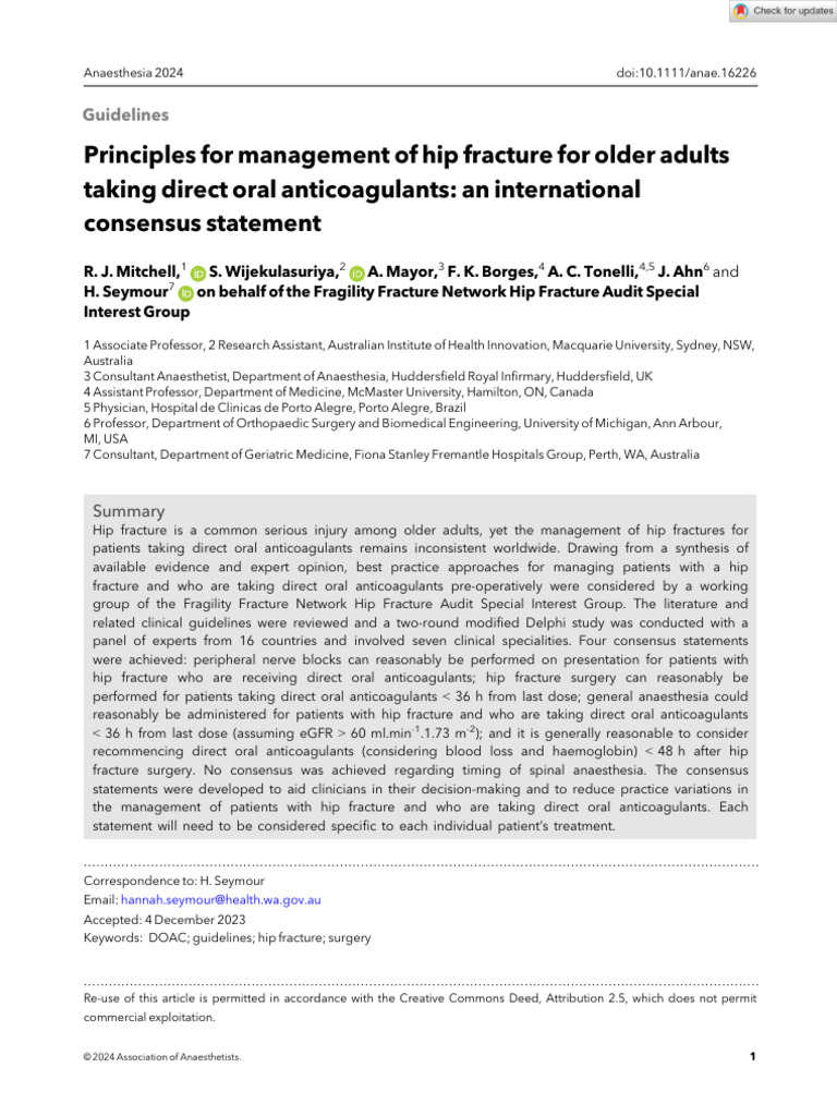 Anaesthesia - 2024 - Mitchell - Principles For Management of Hip ...