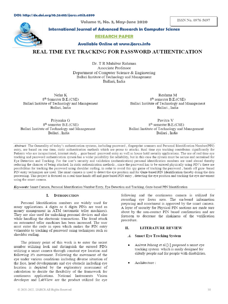 View of Real Time Eye Tracking For Password Authentication | PDF