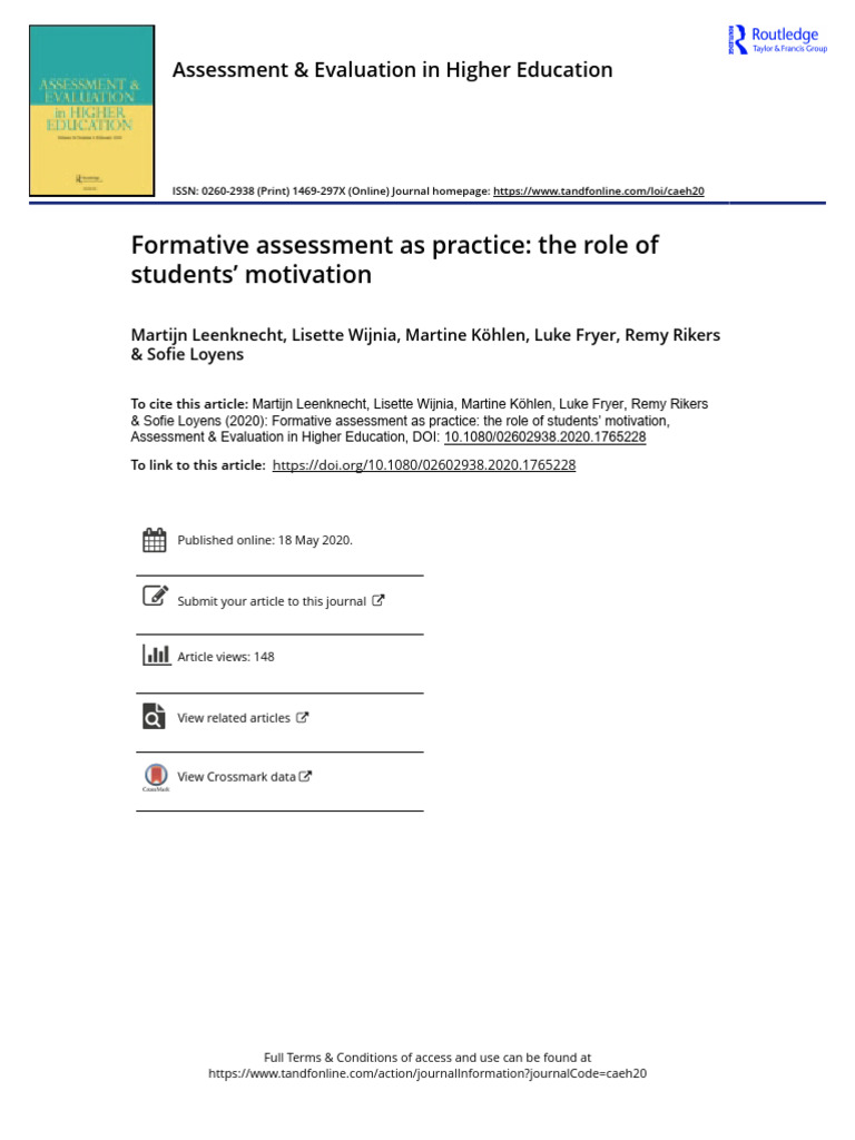 Formative Assessment As Practice: The Role of Students' Motivation | PDF