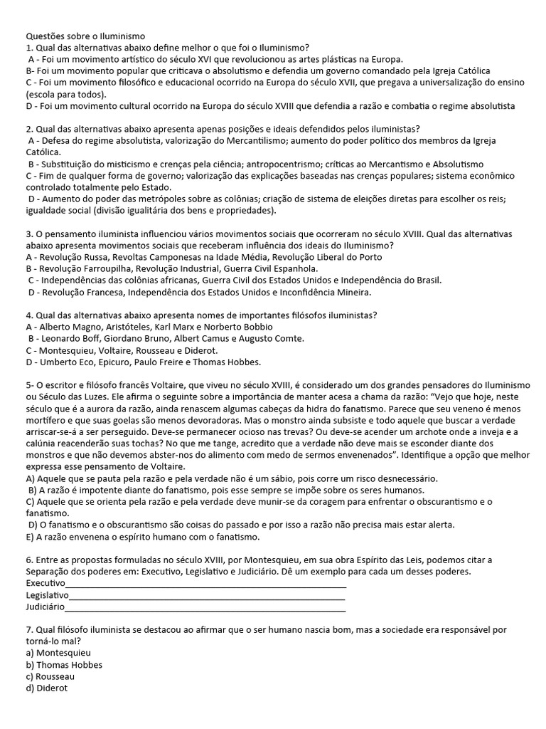 Questões sobre o Iluminismo | PDF | Iluminismo | Revolução Francesa