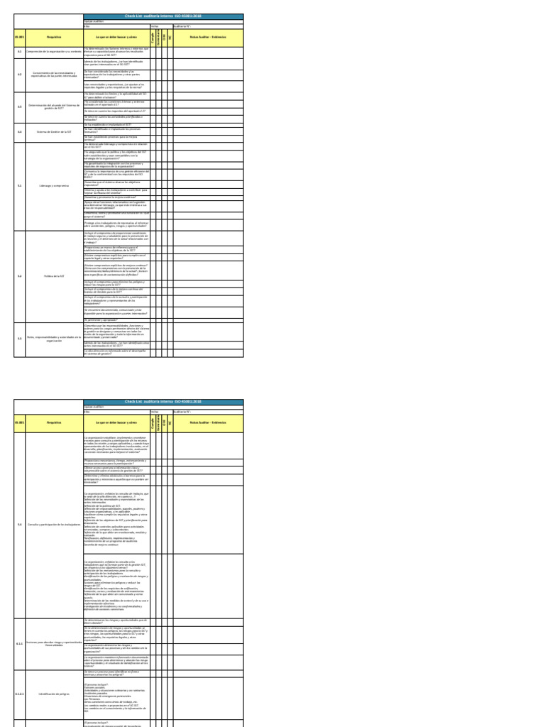 Check List Auditoría Interna ISO 45001 | PDF | Auditoría | Planificación