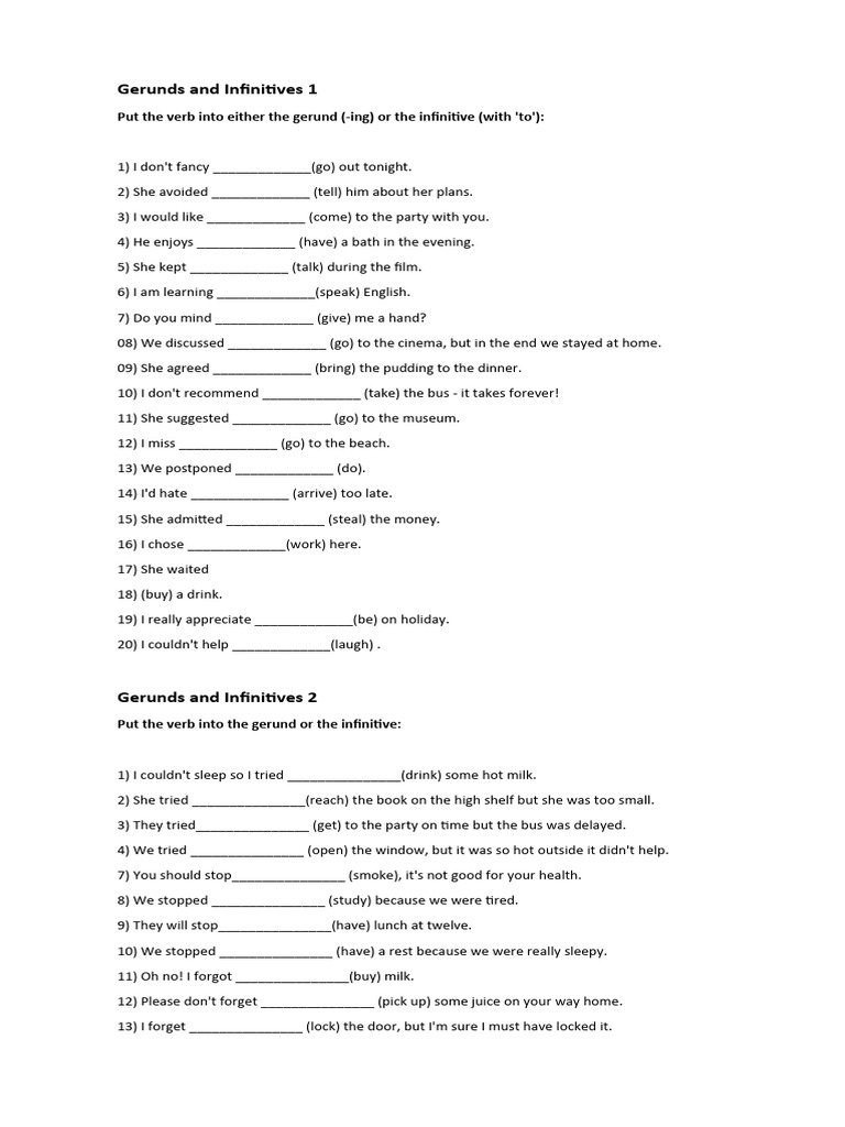 Gerunds And Infinitives Exercise For B2 – PFTRST