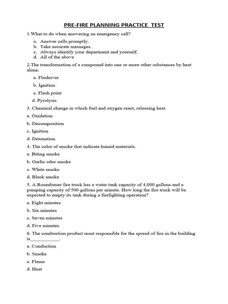 Pre-Fire Planninf Practice Test | PDF | Combustion | Fires