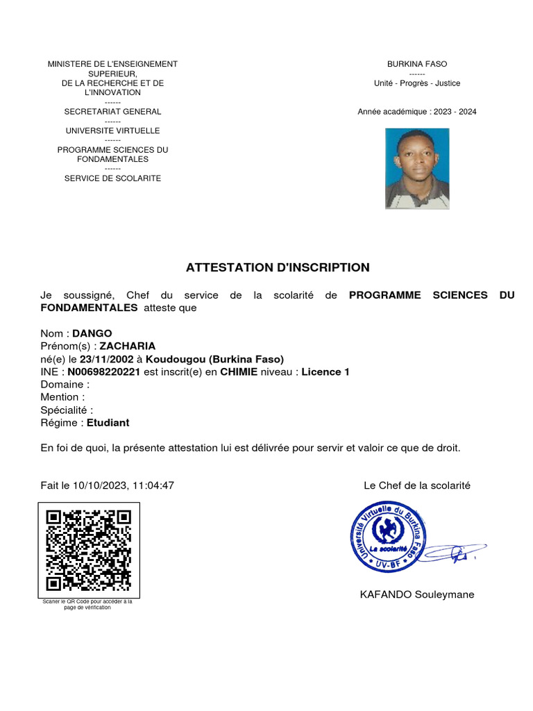 Attestation D inscription Universitaire 2023 PDF