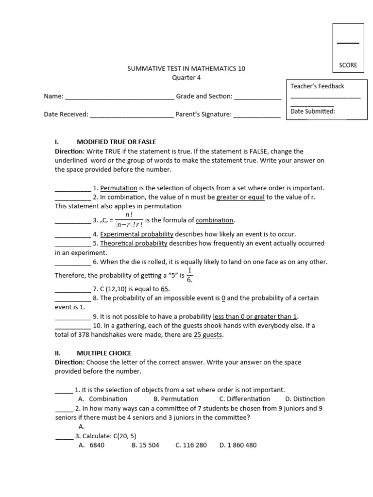 Mathematics 10 Summative Test Q4 Pdf Sampling Statistics