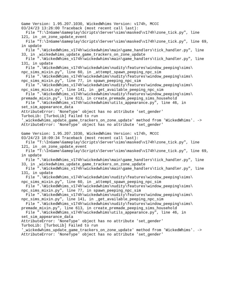 WickedWhims Servo Error Report | PDF | Software | Computing