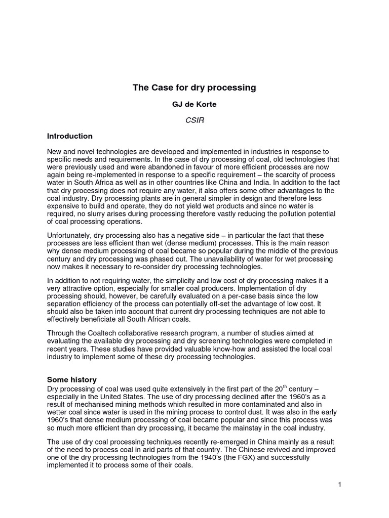 Dry Coal Processing Pdf Coal Coal Mining