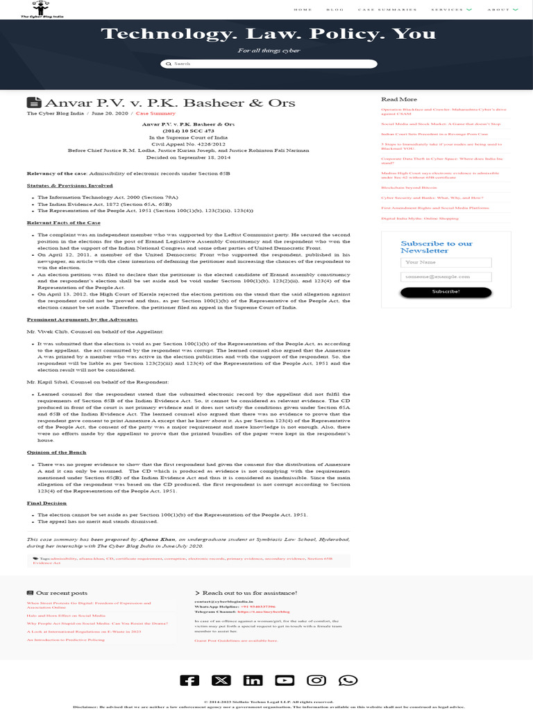 Anvar P.V. v. P.K. Basheer & Ors - The Cyber Blog India | PDF | Appeal ...