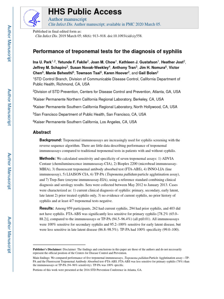 Performance of Treponemal Tests For The Diagnosis of Syphilis | PDF ...