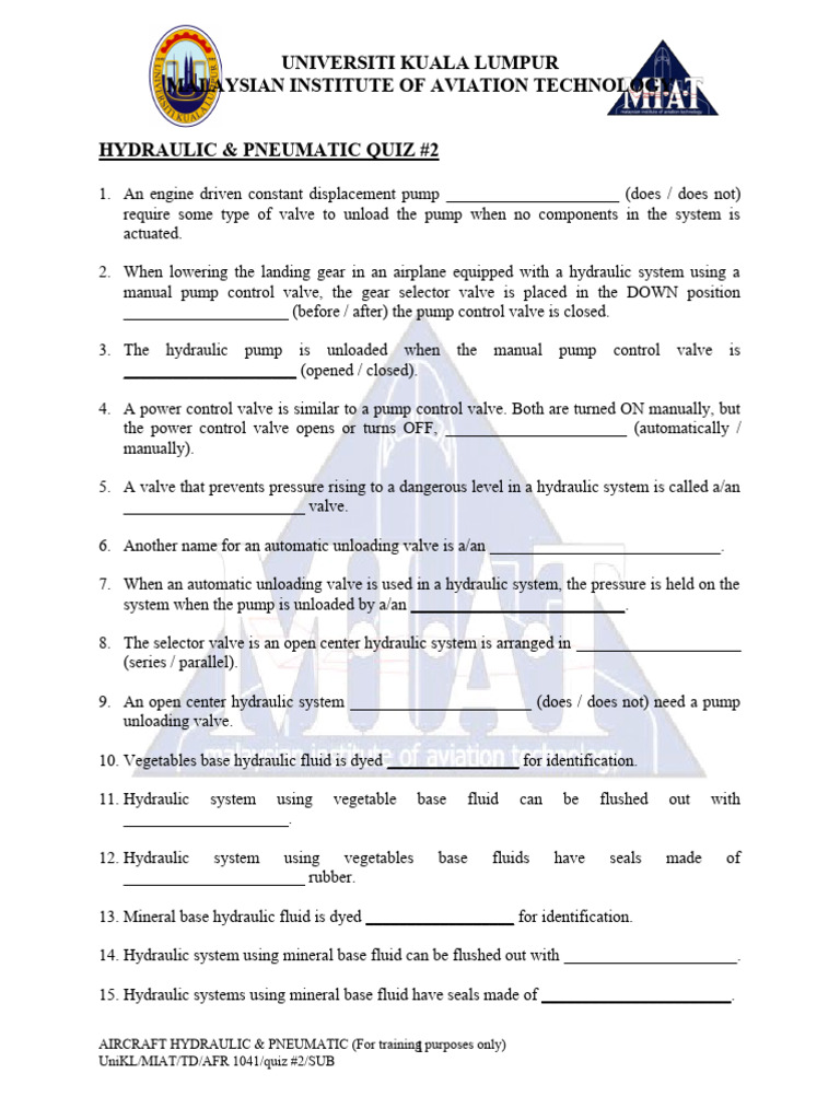 (Hydraulic Pneumatic) Quiz 2 Download Free PDF Pump Valve