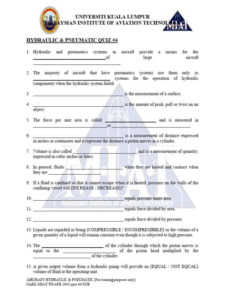 (Hydraulic Pneumatic) Quiz 4 PDF Liquids Pressure