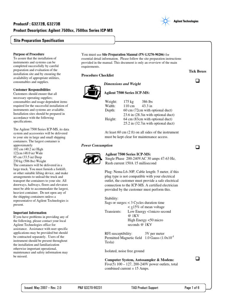 Agilent 7500 Series ICP-MS Site Prep Guide | PDF | Gases | Manufactured ...