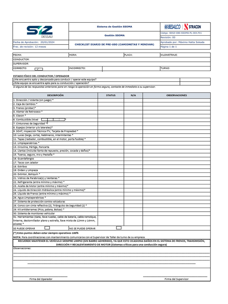 Checklist_Pre-Uso_(Camionetas y Minivan) | PDF | Vehículo de motor ...