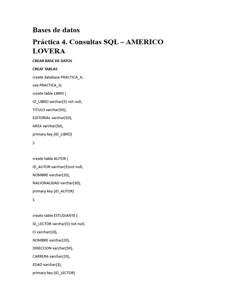 Bases de Datos PRACTICA 2 AMERICO LOVERA | PDF | SQL | Modelo de datos