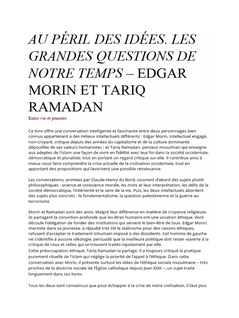 Morin et Ramadan : Éthique et Civilisation | PDF | Intellectuel | Humanisme