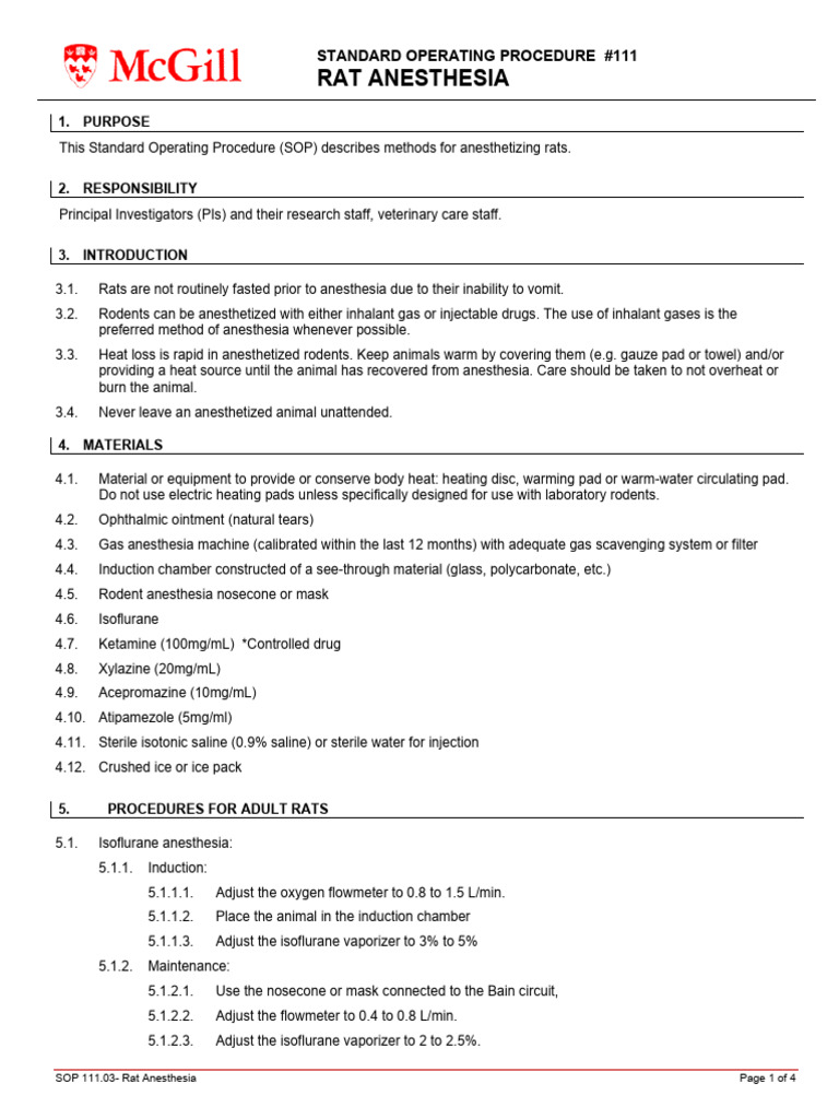 Rat Anesthesia Standard Operating Procedure | PDF
